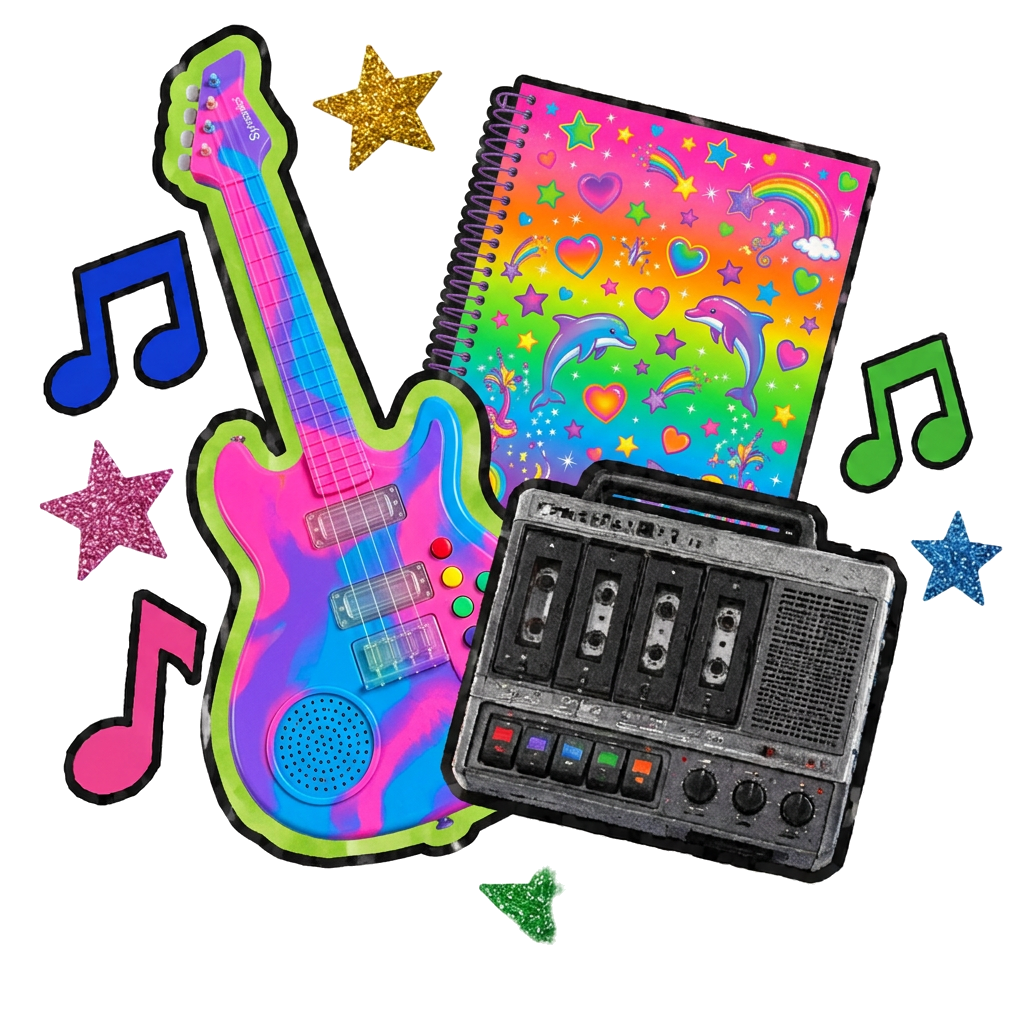 A handmade collage of a colorful electric guitar, rainbow dolphin notebook, cassette recorder, stars, and music notes